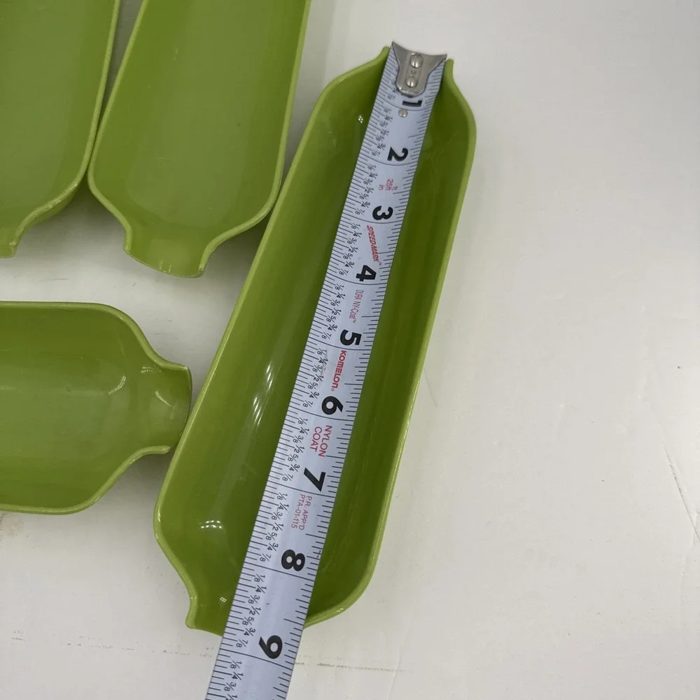 7 Vtg 60s Royal Products Plastic Corn on the Cob Trays Serving Set Avocado Green